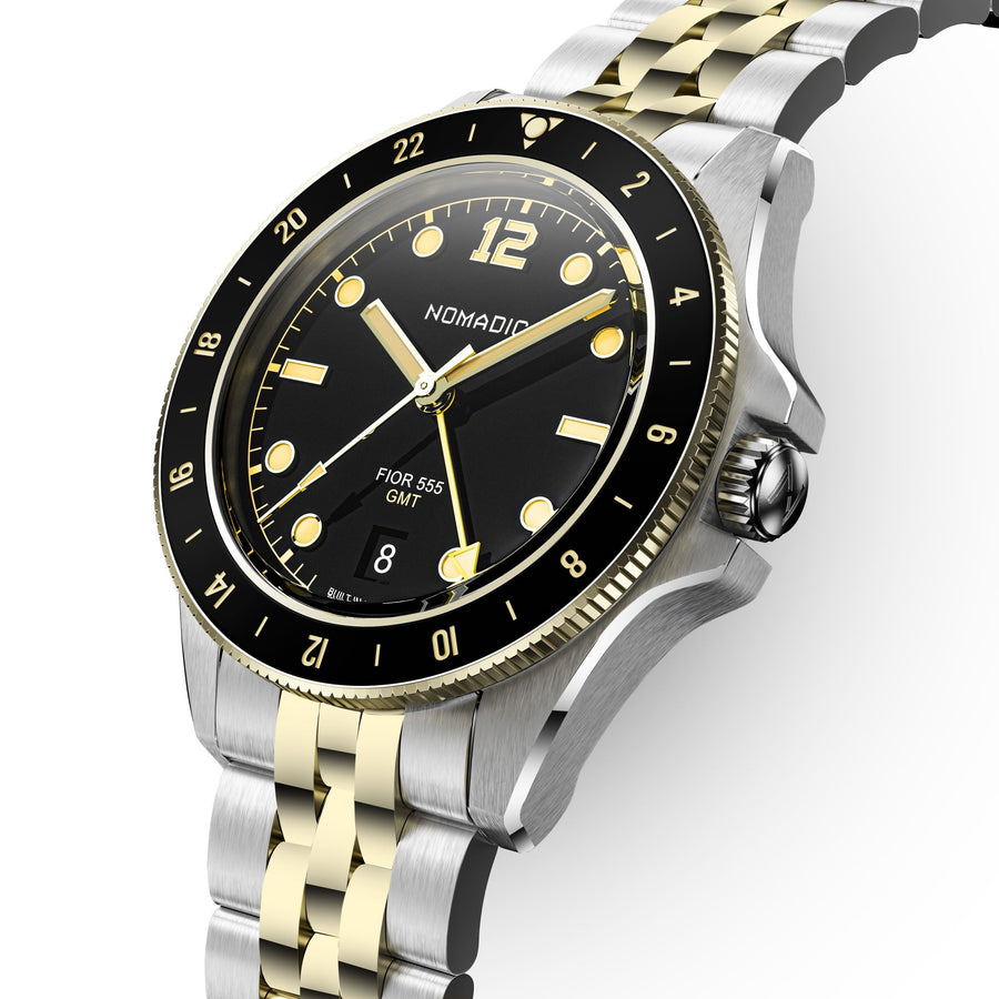 Fíor 555 Prestige - 18k Gold (PVD) GMT Watch (41mm) - Classic Black and Gold